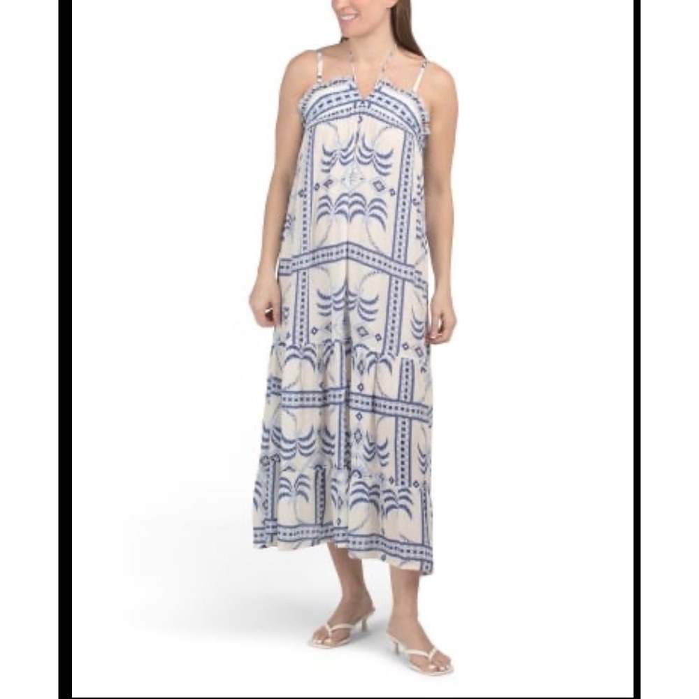 Haute Hippie Style Blue White Palm Print Tiered Maxi Dress Womens Large Boho‎